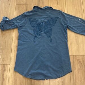 Caite Blue Cotton Button-Down Shirt with Butterfly Embroidery